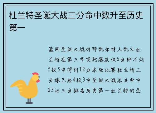 杜兰特圣诞大战三分命中数升至历史第一