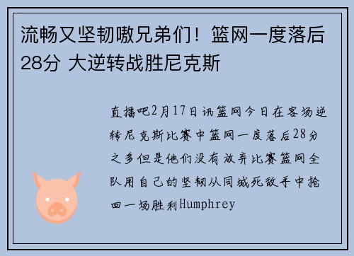 流畅又坚韧嗷兄弟们！篮网一度落后28分 大逆转战胜尼克斯