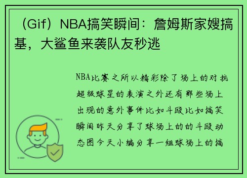 （Gif）NBA搞笑瞬间：詹姆斯家嫂搞基，大鲨鱼来袭队友秒逃